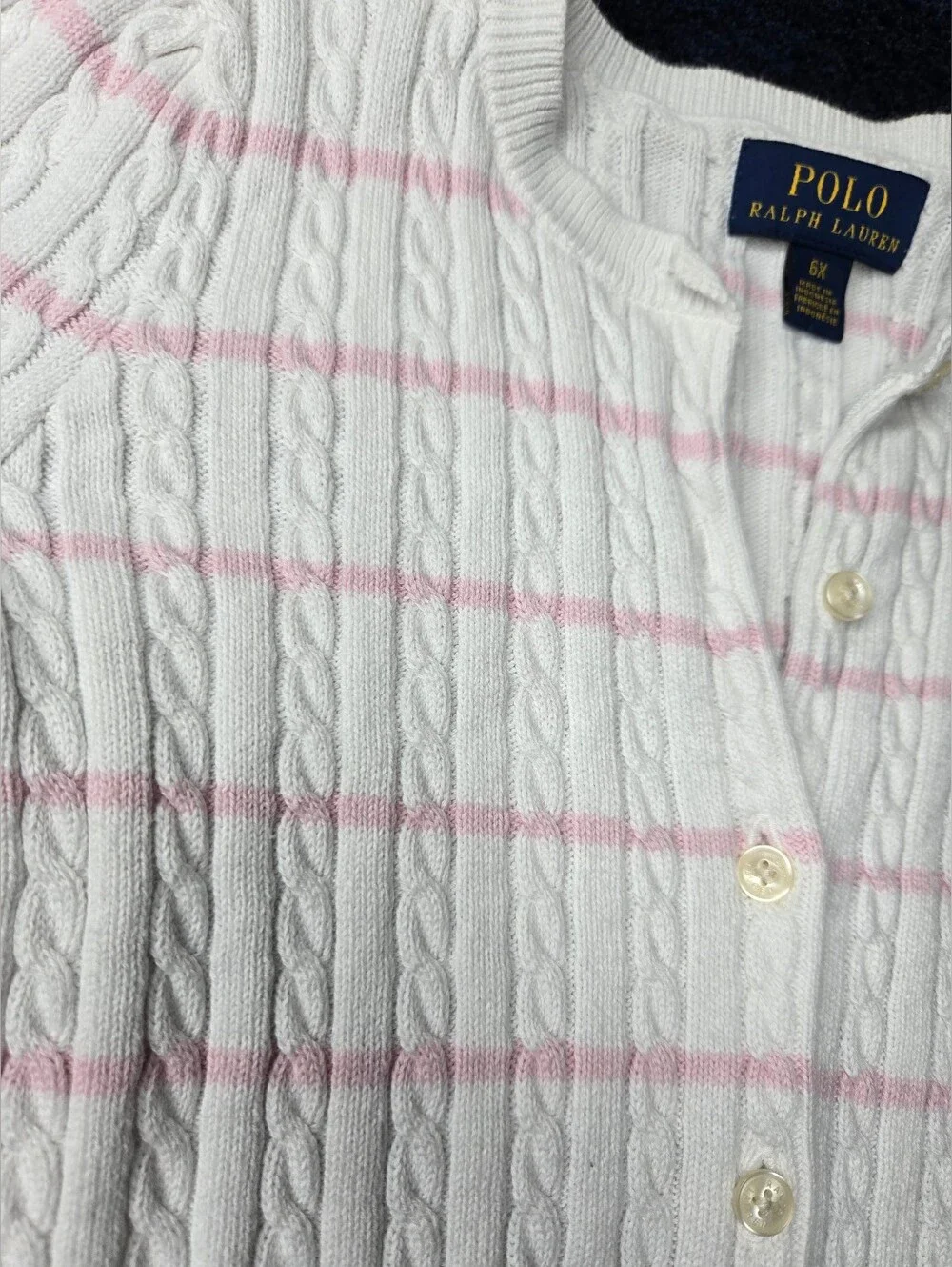 Ralph Lauren White Cable-Knit Cardigan with Light Pink Stripes
